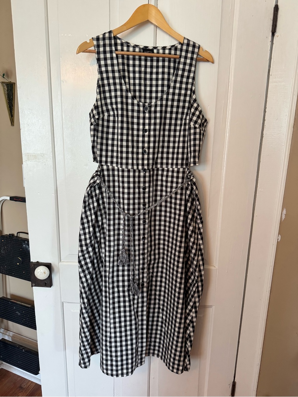 Black & White Gingham Sleeveless Midi Cut Out Dress with Tassel Belt